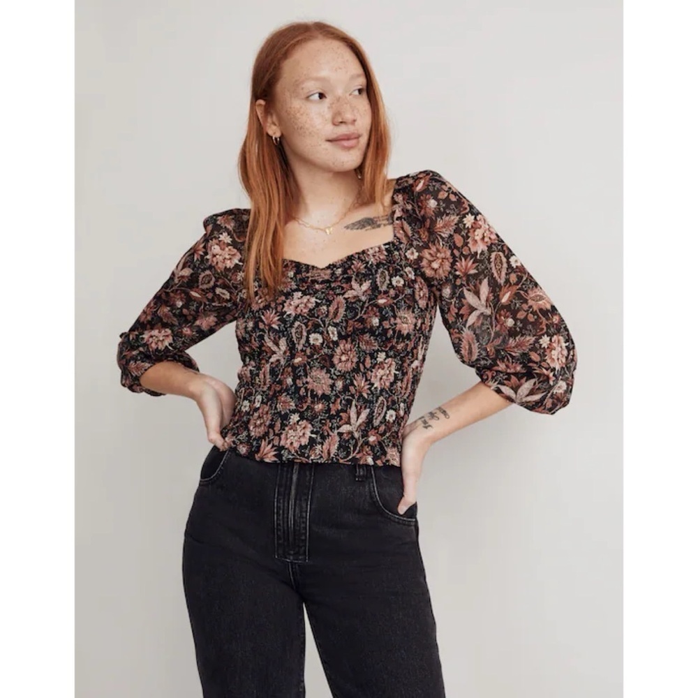 Madewell Blouse Lucie Smocked Top in Floral Sweetheart Neck True Black Sz XS